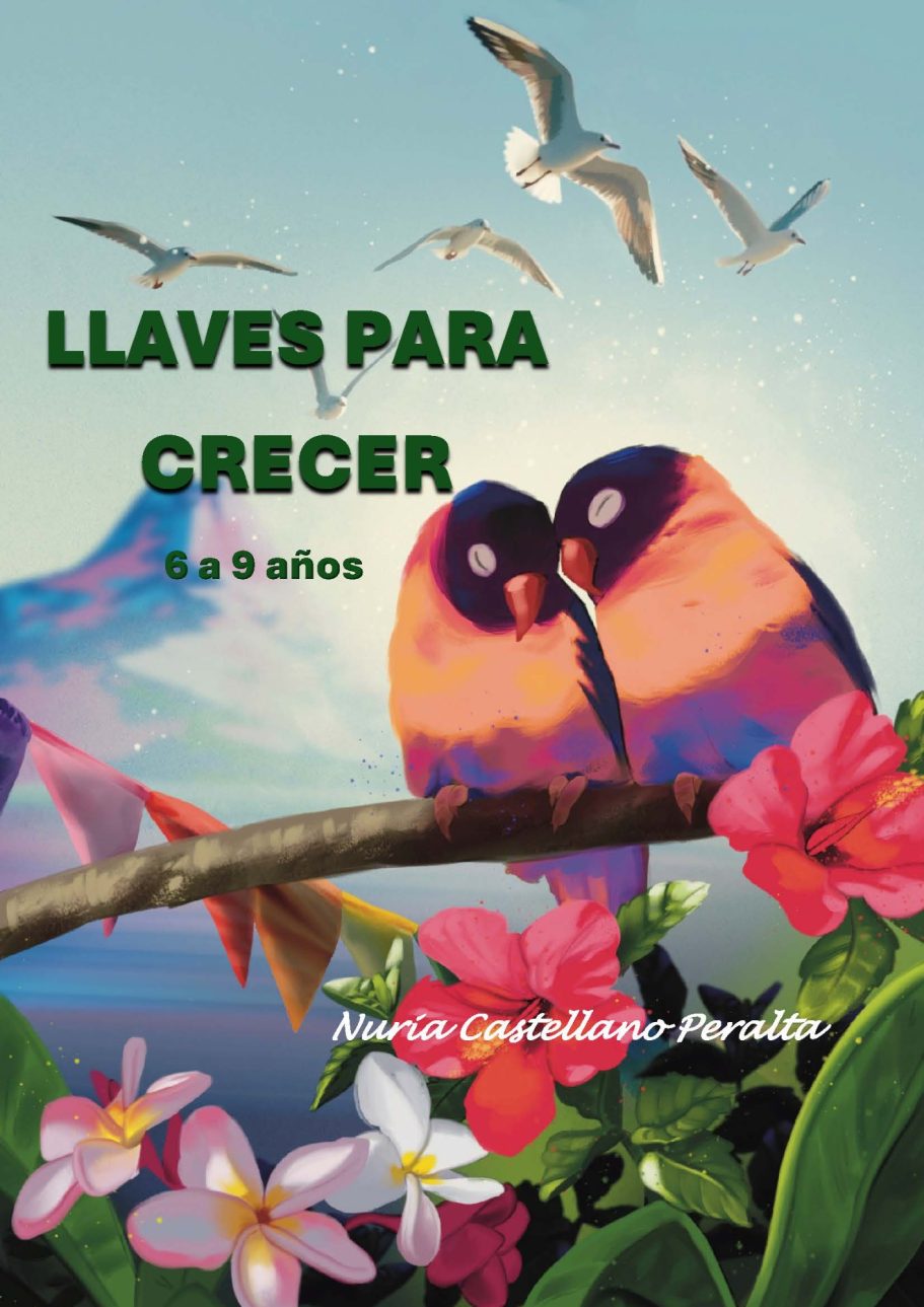 CUADERNO TERAPEUTICO CASTELLANO 6-9 AÑOS Portadas de un libro con dos aves coloridas, flores y gaviotas en un entorno natural.