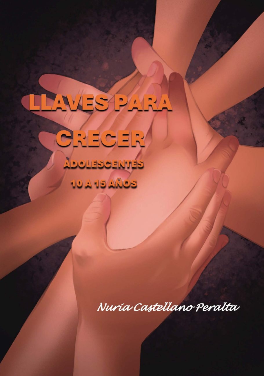 CUADERNO TERAPEUTICO CASTELLANO ADOLESCENTES Manos entrelazadas en un fondo oscuro, con el texto "Llaves para crecer" destacado.